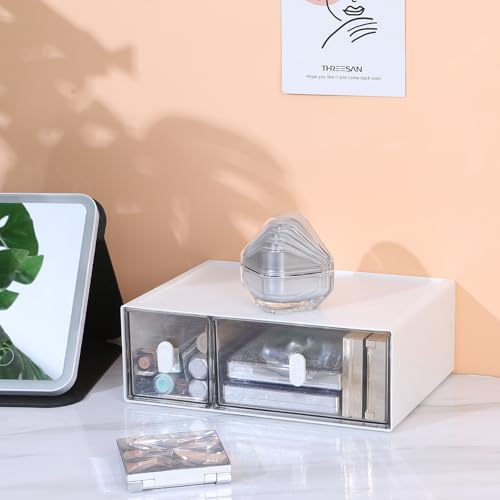 Desktop Storage Drawers, Plastic Desk Organizer with 2 Drawers, Modular Stackable Toolbox Units for Office Stationary, Makeup Container, Bathroom Countertop (Tall Layer, White & Clear) - color: 1 Tall Layer & 2 Drawers, White & Clear
