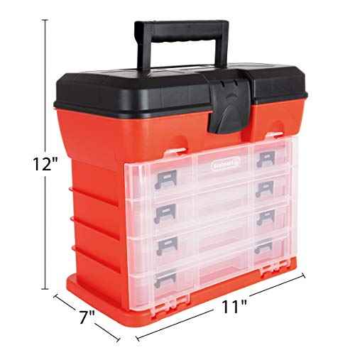 Portable Tool Storage Box - Small Parts Organizer with 4 Multi-Compartment Trays for Fishing Tackle, Hand Tools, or Craft Supplies by Stalwart