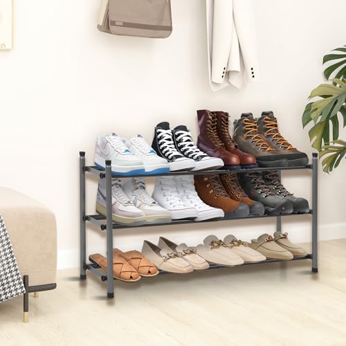 Easi 3-Tier Expandable Shoe Rack for Closet & Entryway, Adjustable 18"-33" Stackable Metal Shoe Organizer, Sturdy Free Standing Shoe Shelf for Small Space, Front Door, Cabinet - size: 3 Tier