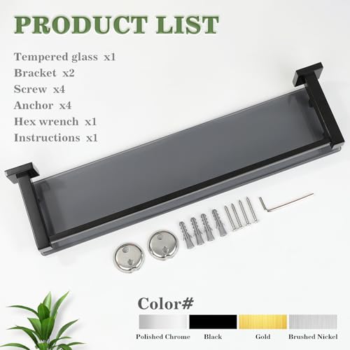 Alise Glass Bathroom Shelves Wall Mounted, 24 Inch Matte Black Tempered Floating Shelves Bathroom, Stainless Steel Bathroom Glass Shelf - color: Matte Black, size: 24 Inch