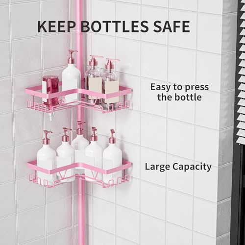 KEGII Shower Caddy Tension Pole, 4-Tier Rustproof Adjustable Corner Bathroom Organizer for Renters, 25–114.2 Inch No Drill Space-Saving Shower Storage Rack, Pink - style: Tension Caddy（Pink）