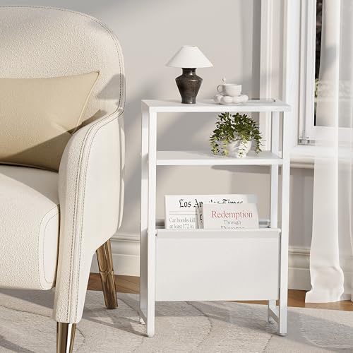 Narrow Side Table, Slim End Table with Magazine Rack, Bedside Table for Small Spaces, 3 Tier Sofa Couch Table Nightstand for Living Room, Bedroom, White LET503W - color: White