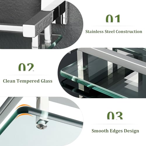 Alise Glass Shelves for Bathroom Wall, Tempered Glass Bathroom Shelf Wall Mounted, Modern Space Saving Floating Shelves 12 inch, Polished Chrome - color: Polished Chrome, size: 12 inch