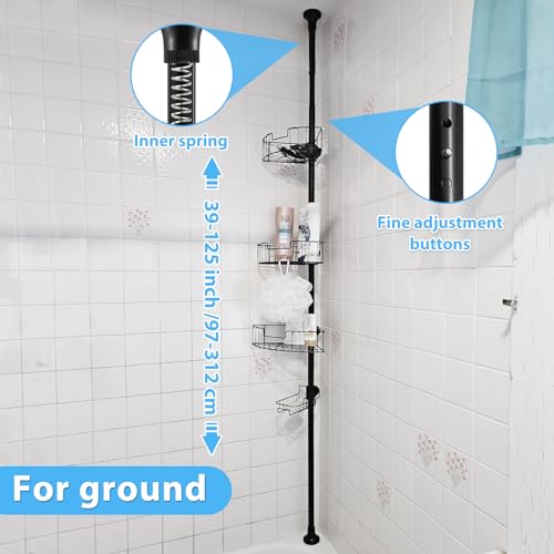 BsBsBest Shower Organizer Caddy - Stainless Steel Shower Shelves Rack, Adjustable Organization And Storage Head Holder, Rustproof Tension Pole, Black