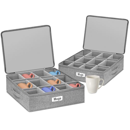 punemi Mug Storage Organizer w/Hard Shell Sides & Bottom, Padded Dividers, 2-Pack Stackable Coffee Mug Storage Boxes for Tea Cups, China Storage Containers for Packing & Moving - style: Coffee Storage 2pcs