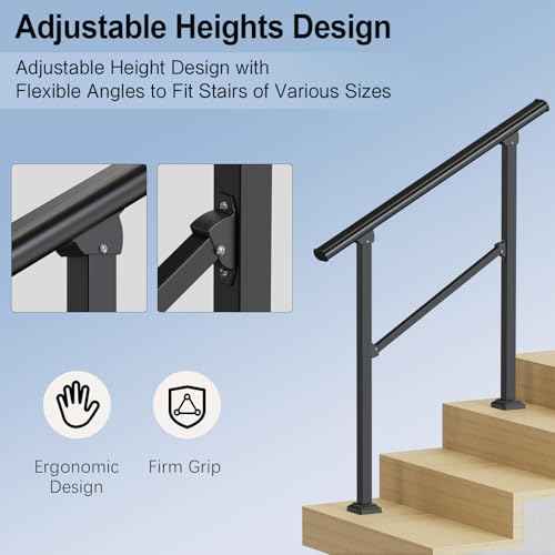 Outdoor Handrails for 2-3 Steps, Stair Railing Kit for Concrete & Porch Steps, Adjustable Black Iron Hand Rail for Seniors, Easy Installation, Retro Arch Design