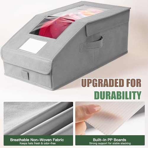 Hat Organizer for Baseball Caps, 4 Pack Stackable Hat Storage Boxes with Clear Window, Holds up to 56 Caps, Foldable Hat Organizer for Closet & Shelf, Grey