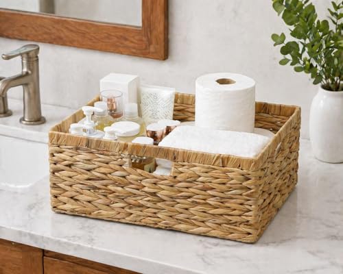 Large Wicker Basket, 15" Water Hyacinth Wicker Storage Baskets for Organizing, Rectangular Storage Baskets for Shelves, Rattan Woven Basket with Built-in Handles, 1 Pack (Natural, Large) - size: 15"L x 11"W x 6 ¾"H