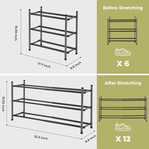 Easi 3-Tier Expandable Shoe Rack for Closet & Entryway, Adjustable 18"-33" Stackable Metal Shoe Organizer, Sturdy Free Standing Shoe Shelf for Small Space, Front Door, Cabinet - size: 3 Tier