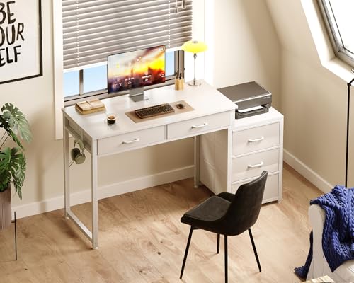 ODK Computer Desk with 5 Drawers, 53 Inch Office Desk for Kids Study, White Vanity Desk for Girls Dressing Room, Small Computer Table for Bedroom, White - color: White