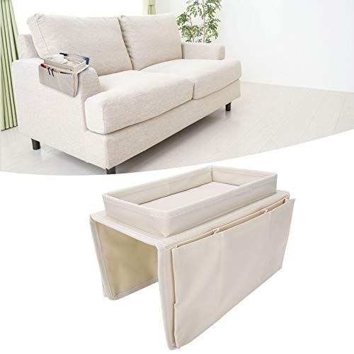 Sofa Armrest Organizer with Cup Holder Tray,4 Pockets Armchair Caddy Bedside Storage Pockets Bag 11.8x7.1x7.1inch TV Remote Control Organizer Armchair Couch Bag (Beige) - color: Beige