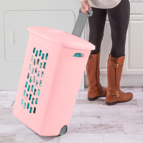Sterilite 3 Pack Ultra Wheeled Hamper, Plastic Laundry Basket Clothes Bin with Wheels, Flip Top Lid and Retractable Handle, Pink Frost - color: Pink Frost