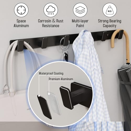 Coat Hook Wall Rack Hanger - Black Coat Rack with 6 Hooks Wall Hooks for Hanging Hat Key Bag Towel Wall Mount Coat Holder - color: Black, size: Rectangle 6 Hooks 1 Pack