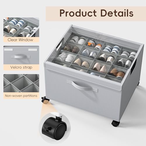 HOUSE AGAIN Shoe Organizer for Closet, Foldable Shoe Storage Organizer Box with Wheels and Adjustable Dividers, Sturdy Metal Frame Fits up to 16-32 Pairs, Large Shoes Storage with Clear Cover - size: 1 Pack