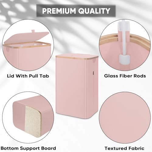 BALEINE Laundry Hamper with Lid, Tall Laundry Baskets with Bamboo Pull Handles, Large Laundry Bin with Internal Support (26 Gal/100L, Pink) - color: Pink, size: 100 liters