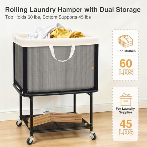 STO STO Rolling Laundry Hamper with Lockable Wheels, 29-Gallon (110L) Laundry Cart with Removable Canvas Bag, 2-Tier Clothes Basket Hamper with Shelf for Closet, Bedroom, Bathroom, Laundry Room