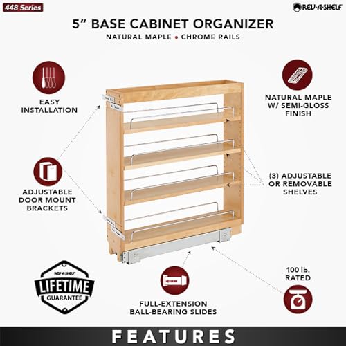 Rev-A-Shelf 5" Wood Pullout Kitchen Cabinet Organizer for 5.5" W Opening - Spice Caddy & Seasoning Rack Sliding Storage with Adjustable Shelves for Pantry Organization, 448-BC-5C - size: 5"W"