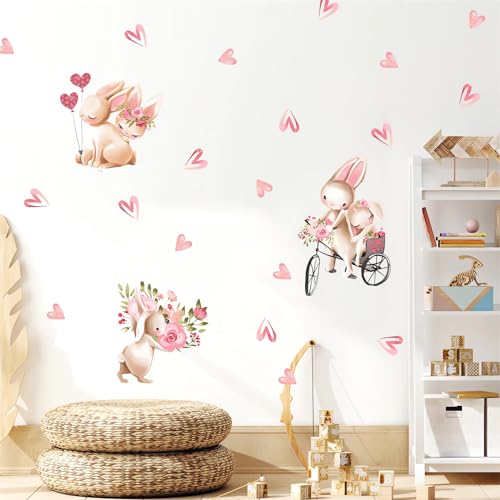 Cute Pink Bunny Love Pattern Wall Stickers, sacinora Little Rabbit Cartoon Animal DIY Wall Decals Removable Vinyl Peel and Stick for Kids Baby Girl Nursery Bedroom Toddler Room Kindergarten Decoration
