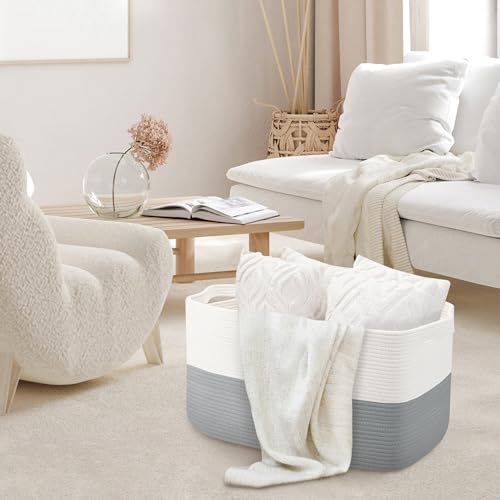 MEGASKET Extra Large Laundry Basket, Rectangle Woven Cotton Rope Storage Basket with Handles, Wicker Laundry Hamper, Farmhouse Storage Bin for Blankets Clothes Toys, Grey, 22" x 17" x 12" - color: White & Gray