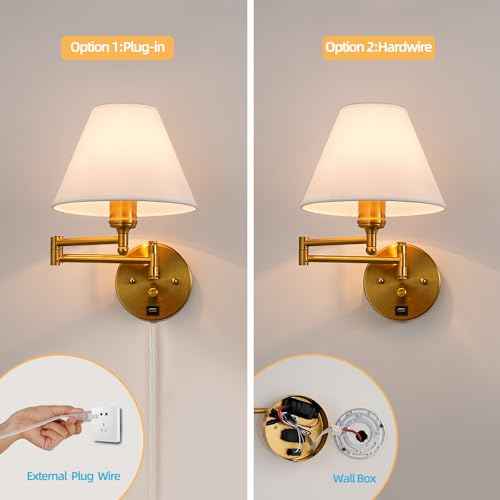Swing Arm Wall Sconces, Plug-in Wall lamp,Bedroom Wall lamp £¬ White Fabric Shade£¬£¬with dimmable Switch and USB Charging Port, Suitable for Bedside, Living Room, Reading (Golden)