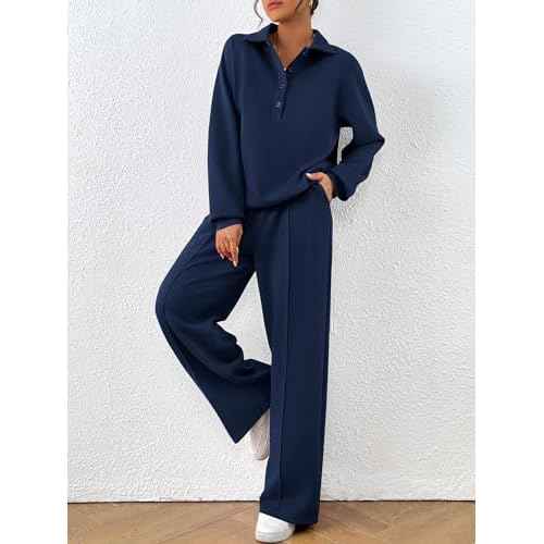 PRETTYGARDEN Women Fall 2 Piece Outfits Sweatsuits Quarter Button Long Sleeve Sweatshirt Wide Leg Pants Tracksuit Lounge Sets