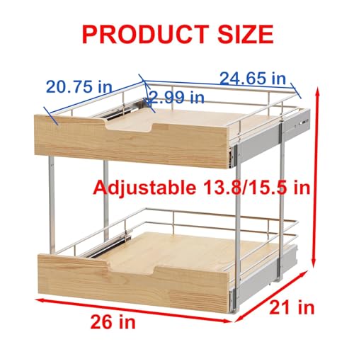 Sikarou Pull Out Cabinet Organizer,Heavy-Duty Slide Out Shelf, Wood and Wire Basket, Pull Out Drawer for for Kitchen Under Sink Space, Pantry, Bathroom, 2 Tie 26 * 21 in - size: 2-TIE 26*21 WM
