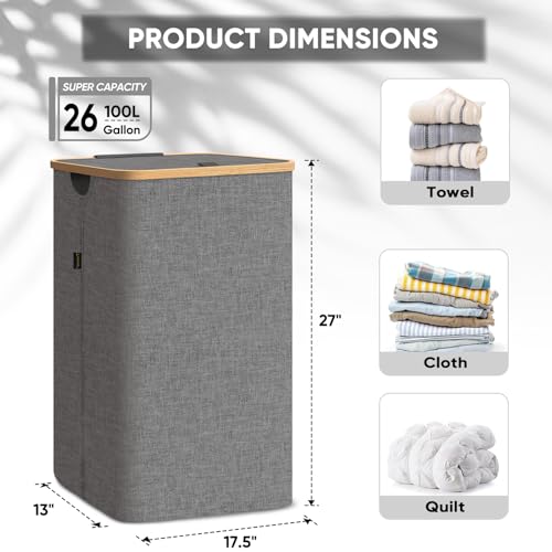 BALEINE Laundry Hamper with Lid, Tall Laundry Baskets with Bamboo Pull Handles, Large Laundry Bin with Internal Support (26 Gal/100L, Beige) - color: Beige, size: 100 liters