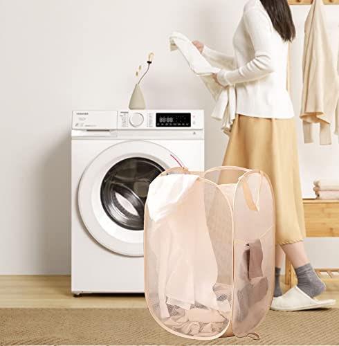 2Pack Collapsible Laundry Basket with Side Pocket, Mesh Pop Up Hamper Portable Carrying Handle, Cruise Room Storage Basket (Beige+Green) - color: Beige+Green
