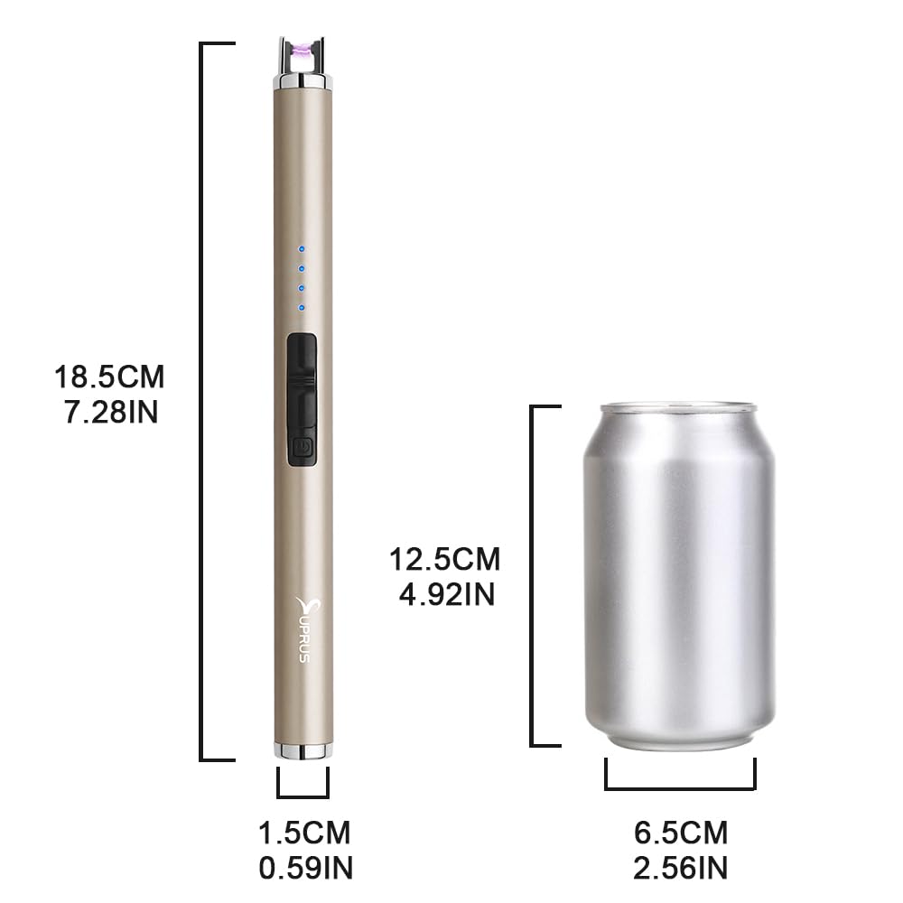 SUPRUS Electric Lighter Candle Type C Rechargeable Lighter with Upgraded LED Battery Display Safety Switch Flameless Plasma Windproof for Candle Cooking BBQs Fireworks Gift(Champagne Gold)