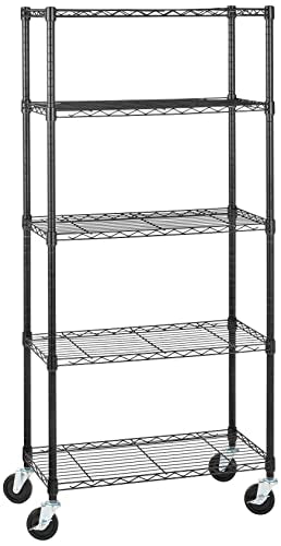Amazon Basics 5-Shelf Heavy Duty Garage Shelving Storage Rack with 4" Wheel Casters, Adjustable Metal Wire Organizer, 300 lbs Per Shelf, 30" x 14" x 64.75", Black - color: Black