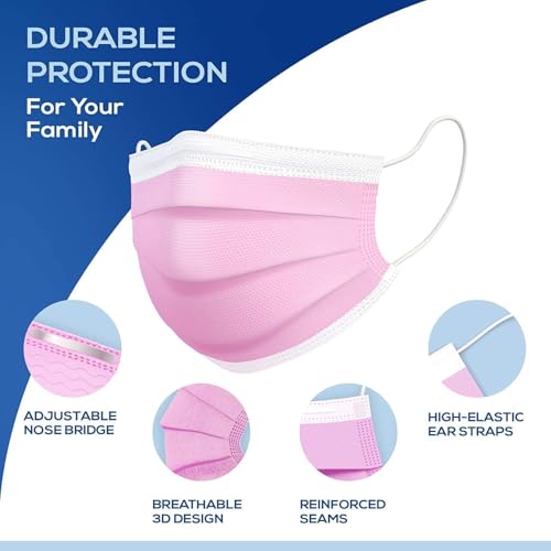 50PCS Cute Pink Disposable Comfortable Earloop Face Masks (10 PCS/Bag Sealed,Pack of 5) Medical Grade ASTM Level 2,High Filtration Ventilation Skin-Friendly 3-Ply Fabric (Non-Woven 65%,Melt-Blown 35%)