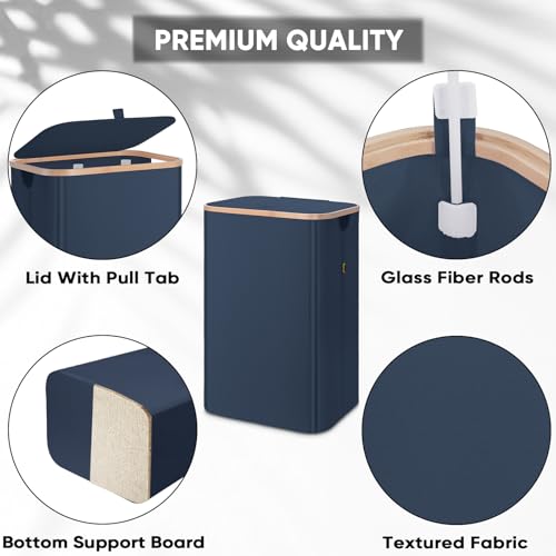 BALEINE Laundry Hamper with Lid, Tall Laundry Baskets with Bamboo Pull Handles, Large Laundry Bin with Internal Support (26 Gal/100L, Blue) - color: Blue, size: 100 liters