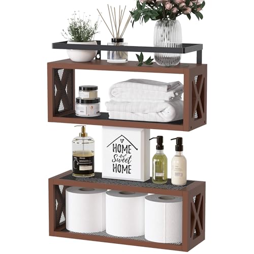 RICHER HOUSE Floating Wood Shelves with Guardrail, Rustic Brown, Wall Mounted, 2 Shelves, Farmhouse Style - color: Rustic Brown