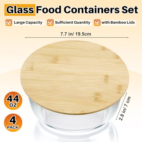 Blushtier 4 Pack 44 oz Borosilicate Glass Food Containers with Bamboo Lids, Stackable Glass Bowls for Meal Prep & Lunch, Microwave, Freezer and Dishwasher Safe - size: 44 oz