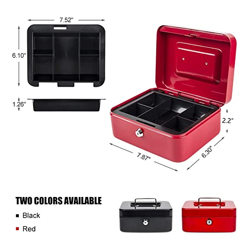 Kyodoled Medium Cash Box with Money Tray,Small Safe Lock Box with Key,Cash Drawer,7.87"x 6.30"x 3.54" Red Medium - color: Red, size: Medium