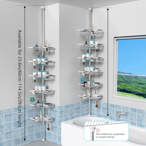 KEGII Corner Shower Caddy Tension Pole, Adjustable Shower Tension Rod Organizer, Floor to Ceiling Shower Caddy 25-114.2 inch, Silver - style: Tension Caddy 6 Pack-Brushed Silver