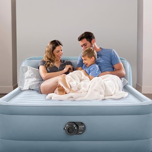 Intex 64449ED Dura-Beam Deluxe Plush Air Mattress with Headboard: Fiber-Tech - Queen Size - Built-in Electric Pump - 18in Bed Height - 600lb Weight Capacity
