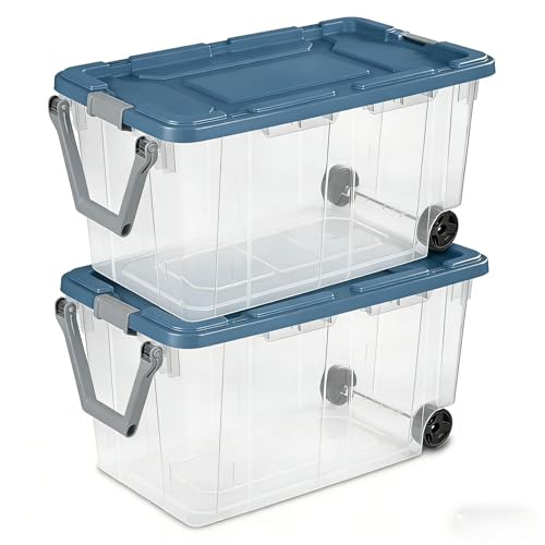 160-quart durable clear storage box with locking lid and handle, blue, 2-pack