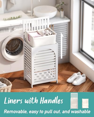 White Laundry Hamper, 22.5 Gallon (85L) Bamboo Wood Clothes Laundry Basket with Lid and Handles, Removable Liner - color: White, size: Large