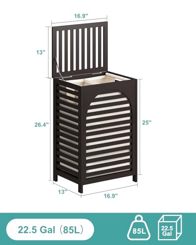 Laundry Hamper, 22.5 Gallon (85L) Bamboo Wood Clothes Laundry Basket with Lid and Handles, Removable Liner (Brown, Large) - color: Brown, size: Large