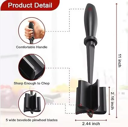 Meat Masher for Ground Beef and Vegies, Heat-Resistant, Hamburger Masher Grinder Tool, Non-Stick, Dishwasher Safe, BPA-Free, Food Grade, Black Color