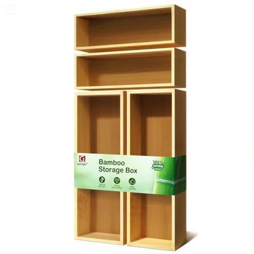 guiogc Bamboo Drawer Silverware Organizer, Flatware Organizer, Bamboo Storage Box for Office, Bathroom and other objects storage (large14.2 x5 x2 Small 9.85"x3.55"x1.78"- Set of 4) - size: 14.2" x 5" x 2" & 9.85" x 3.55" x 1.78"