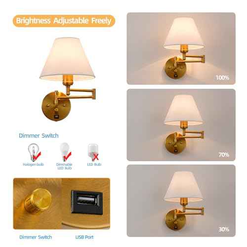Swing Arm Wall Sconces, Plug-in Wall lamp,Bedroom Wall lamp £¬ White Fabric Shade£¬£¬with dimmable Switch and USB Charging Port, Suitable for Bedside, Living Room, Reading (Golden)