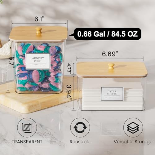 2+1 Pack Laundry Pods Container,Clear Laundry Detergent Powder Storage Containers,Laundry Room Organization Containers with Wooden Lids & Labels,Laundry Pods Holder for Scent Booster,Dryer Ball - style: 2+1 Pack