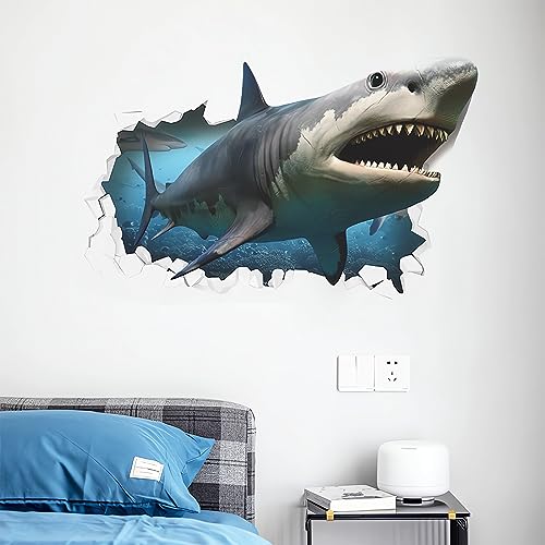 Broken Wall Fierce Shark Wall Stickers, sacinora Cartoon Sea Animal Wall Decals Removable Vinyl Peel and Stick for Kids Boy Living Room Bedroom Children's Room Bathroom Sofa TV Background Decorations
