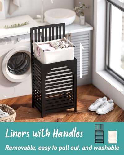 Laundry Hamper, 22.5 Gallon (85L) Bamboo Wood Clothes Laundry Basket with Lid and Handles, Removable Liner (Black, Large) - color: Black, size: Large