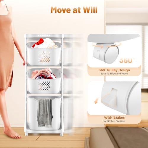 3 Tier Rolling Laundry Basket Vertical laundry hamper Sorter Cart with Wheels and Breaks Bathrooms Clothes Hamper 3 Section laundry organizer for Kitchens, Bedrooms, Laundry Rooms