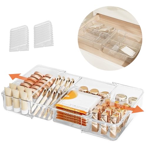 Expandable Drawer Organizer-Adjustable Shallow Tray, 11" to 19" Width,1.97" Height, Clear Plastic Storage for Bedroom, Living Room, Kitchen/Bathroom/Office/Cosmetic/Tools/Cutlery/Stationery