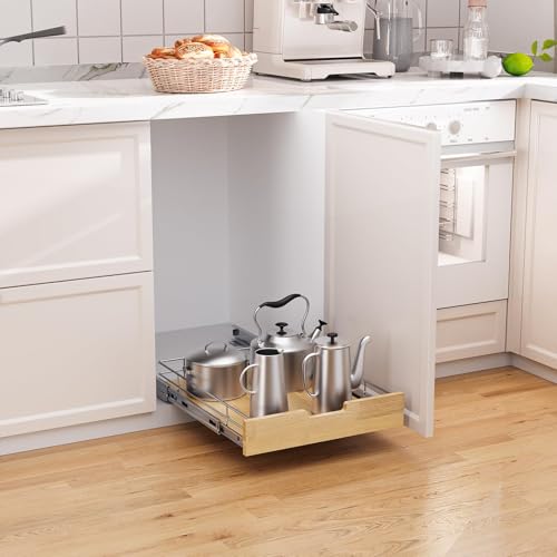 Sikarou Pull Out Cabinet Organizer,Heavy-Duty Slide Out Shelf, Wood And Wire Basket, Pull Out Drawer for for Kitchen Under Sink Space, Pantry, Bathroom (11 * 21 WM) - size: 1-TIE 11*21 WM