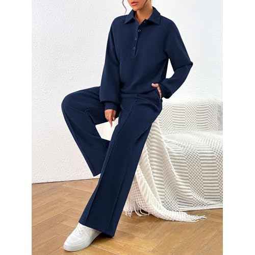 PRETTYGARDEN Women Fall 2 Piece Outfits Sweatsuits Quarter Button Long Sleeve Sweatshirt Wide Leg Pants Tracksuit Lounge Sets